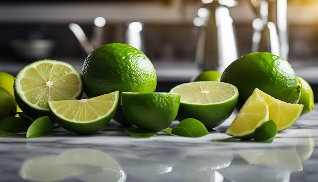 Fresh limes, some whole and others cut into halves and wedges, on a kitchen countertop.