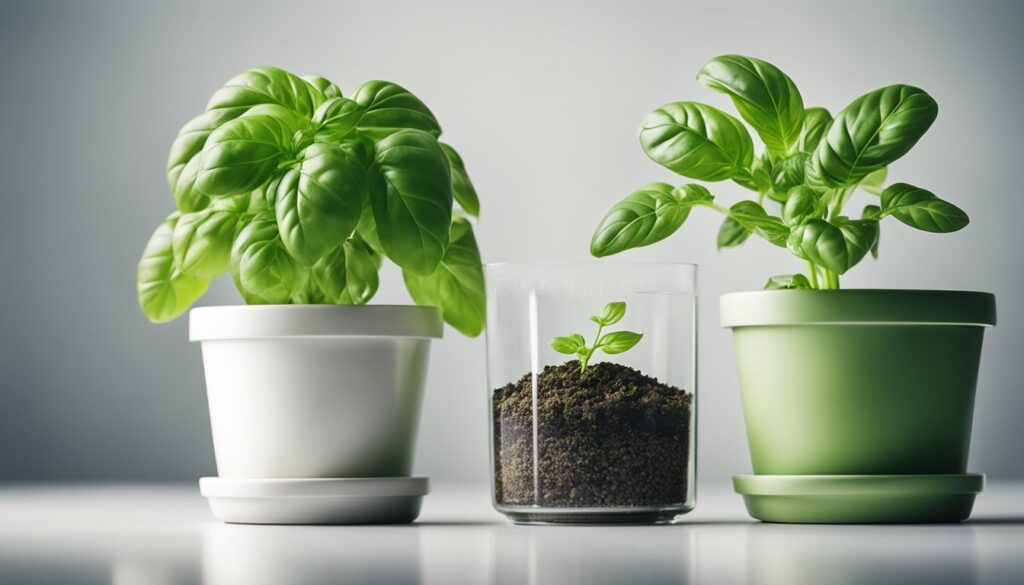 Two healthy basil plants in white and green pots flanking a clear glass with soil and a smaller basil plant, illustrating the impact of NPK fertilizer on herb growth.