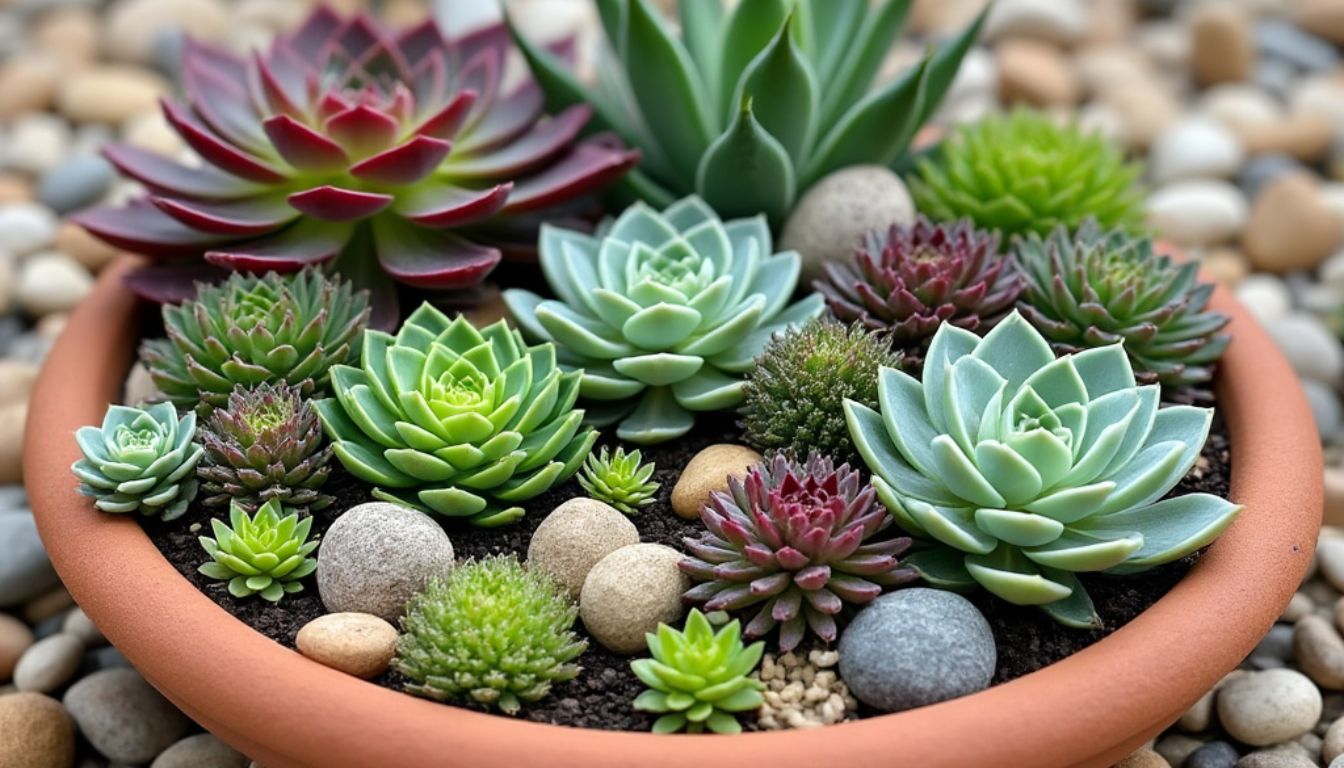 A variety of succulent plants known as Hens and Chicks growing in a terracotta pot amidst small pebbles.