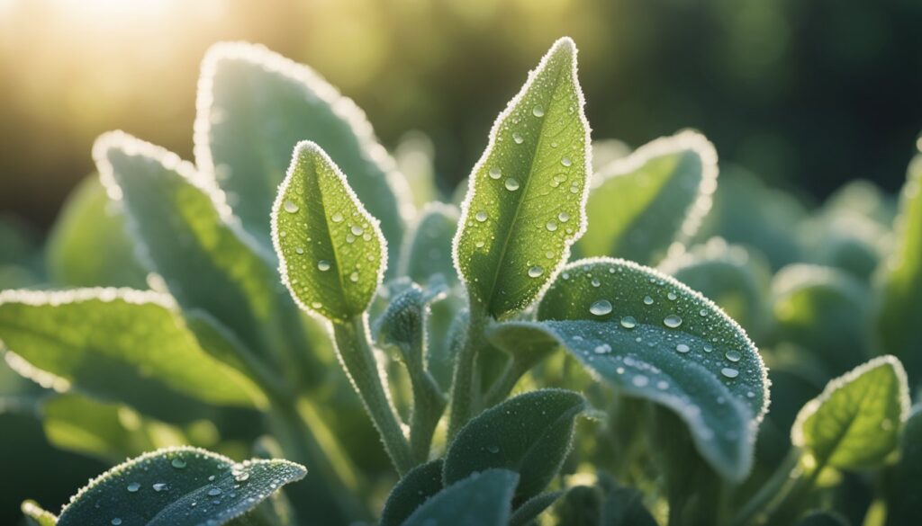 Close-up of lamb's ear plant leaves covered in morning dew, with sunlight filtering through in the background.