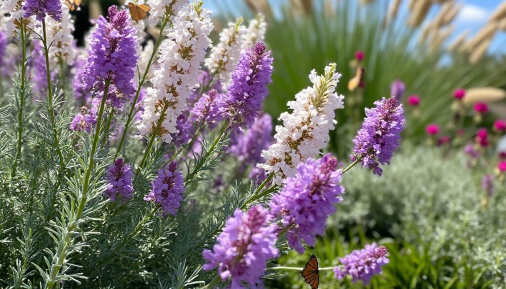 A vibrant display of Statice flowers with clusters of purple blooms and green foliage, with a butterfly perched on one of the flowers, under bright sunlight.