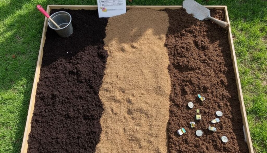 Bird's eye view of a garden plot with distinct sections showing soil preparation stages: one area with fresh dark compost being mixed into sandy soil, another with perfectly prepared loamy soil, and a third showing pH testing strips placed on small soil samples. Garden tools rest nearby, and a weathered pH chart stands at the corner.