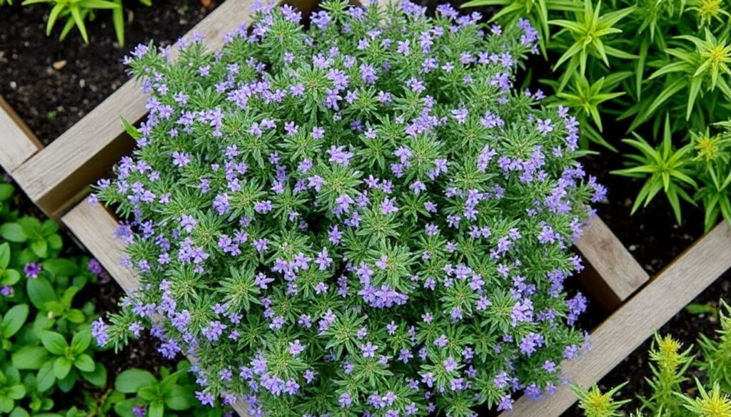 A thriving thyme plant with small green leaves growing in a garden bed.