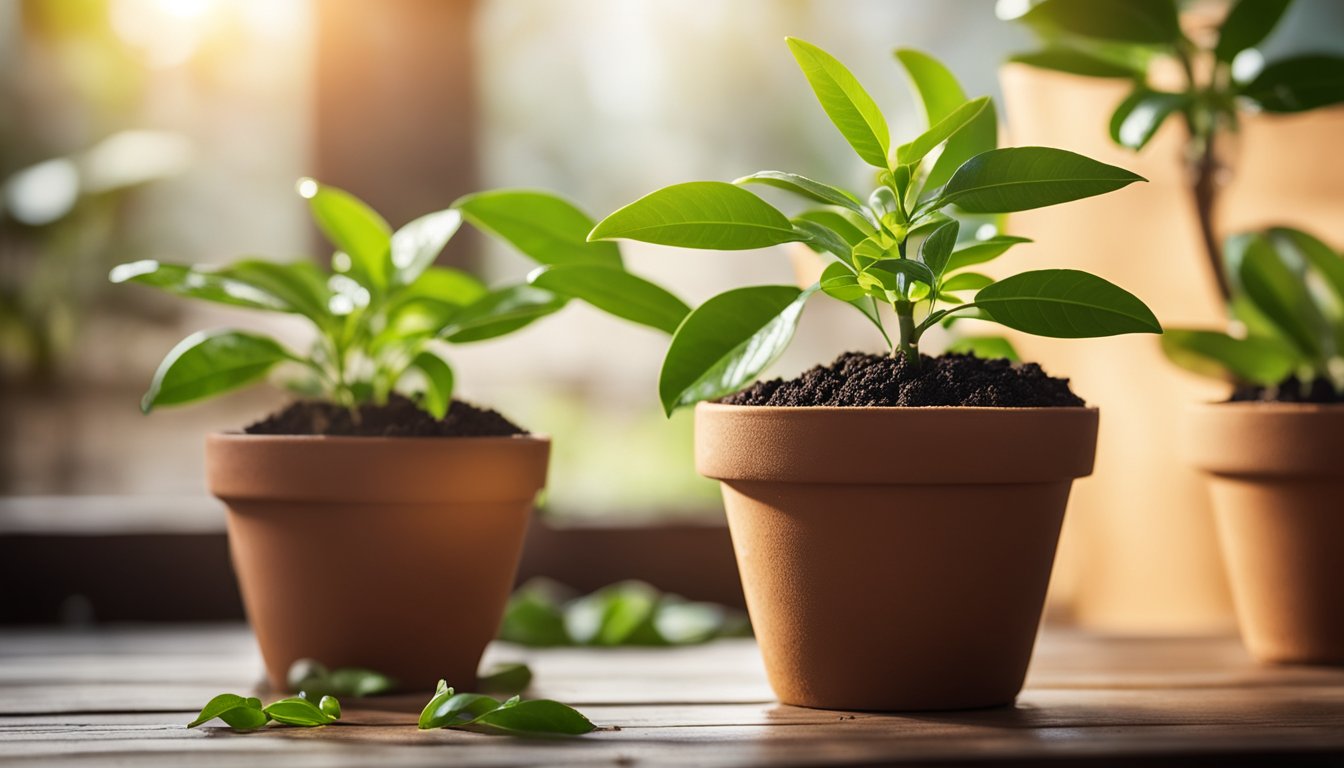 Young mango seedlings growing in terracotta pots with vibrant green leaves, placed on a wooden surface with sunlight streaming in.