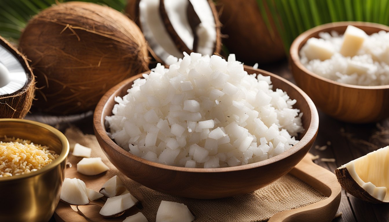 A wooden bowl filled with fresh, white coconut flakes is prominently displayed in the foreground. In the background, there are halved coconuts and additional bowls containing various forms of coconut, including one with brown sugar and another with solidified coconut oil.