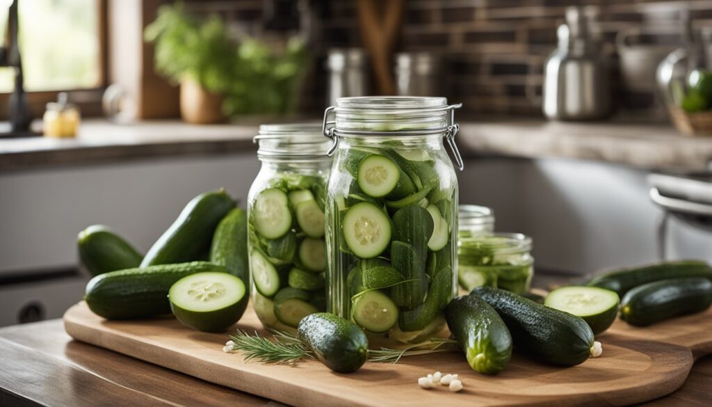 Fresh cucumbers and jars filled with sliced cucumbers on a wooden cutting board in a kitchen setting, ready for pickling.