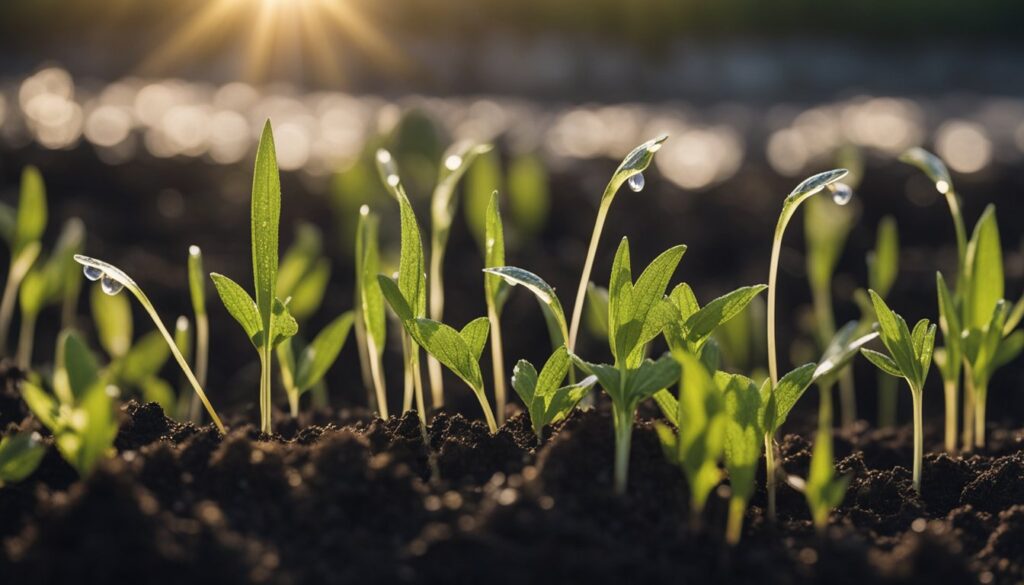 Close-up of gardening tools next to a patch of membrane weed control fabric, showing young plants growing through the fabric.