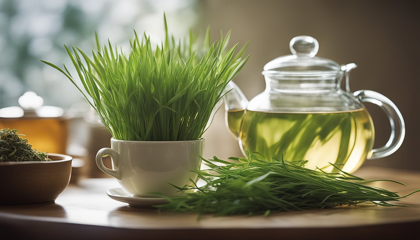 A white cup filled with fresh goose grass, a glass teapot with goose grass tea, and a bowl of dried goose grass on a wooden table.