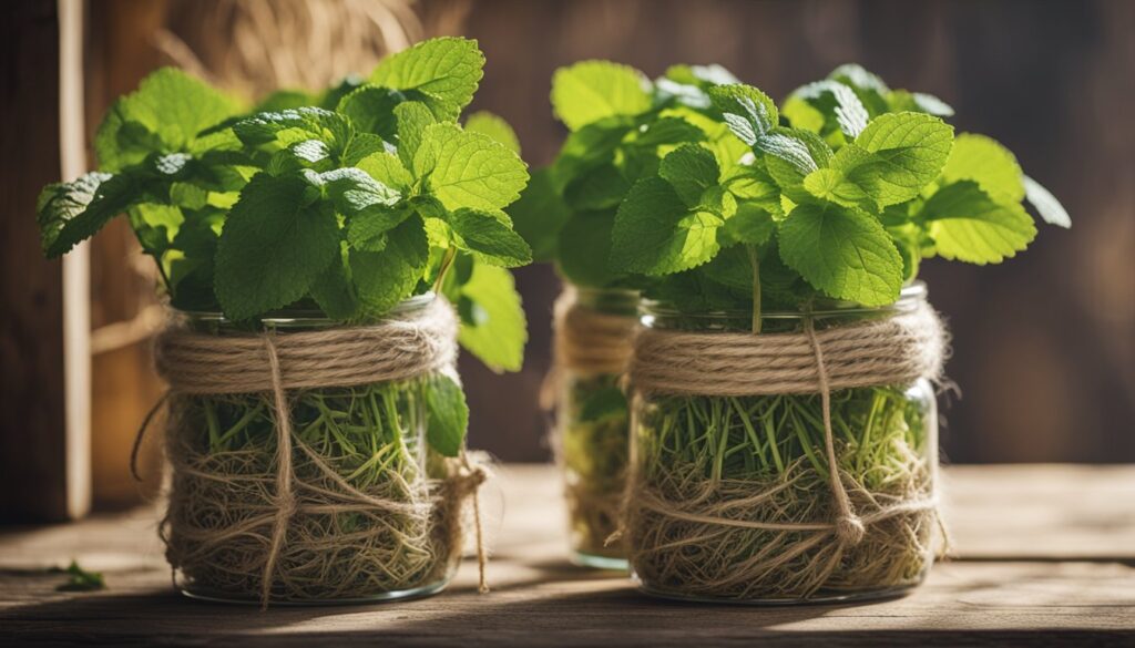 Two glass jars filled with fresh lemon balm leaves, tied with twine, sitting on a wooden surface.