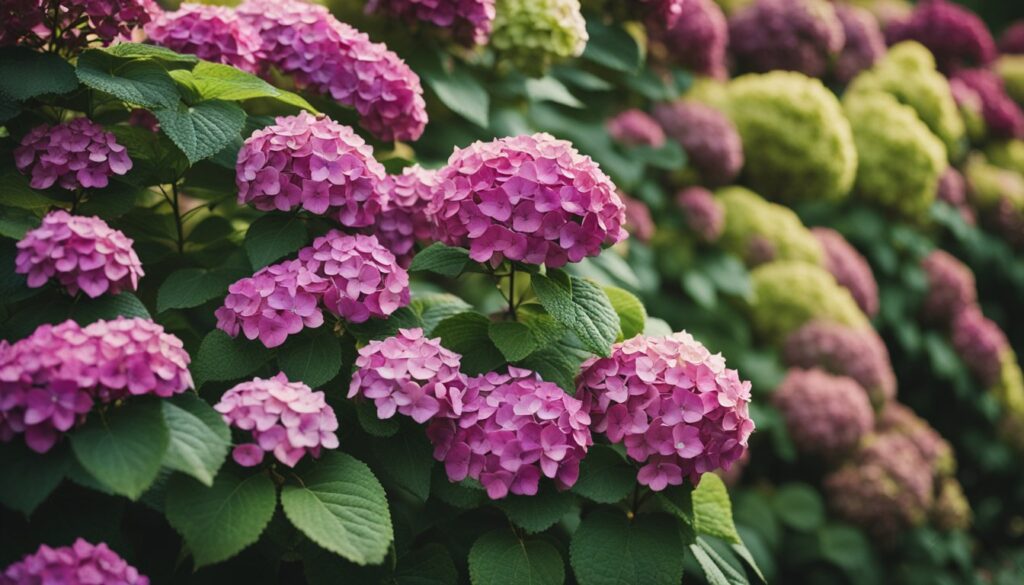 Hydrangea flowers in various shades of pink and purple in a garden, surrounded by lush green foliage.