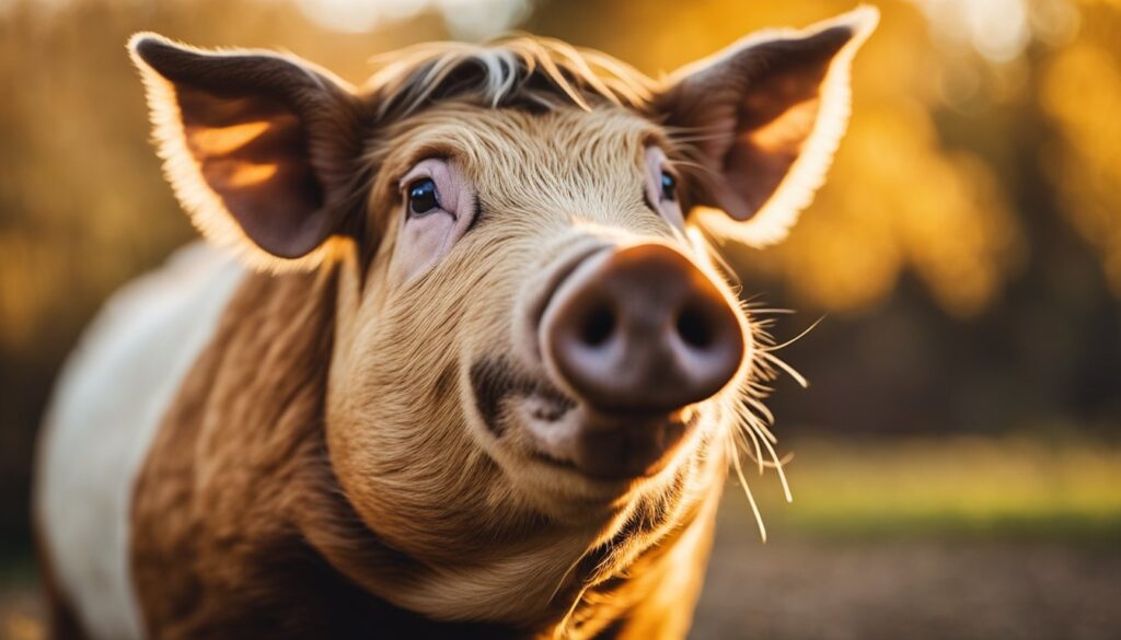 Close-up of a Kune Kune pig with a warm, blurred background suggesting an outdoor setting.