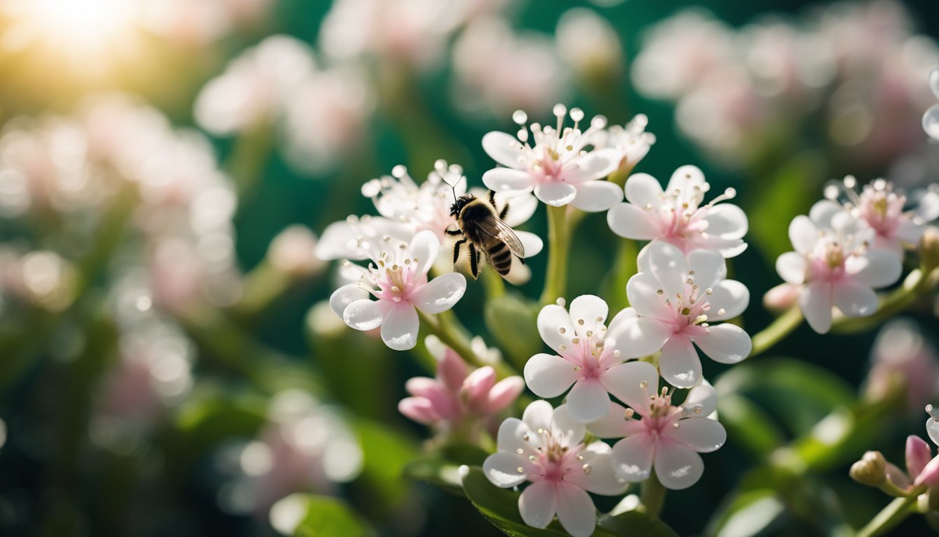 A bee pollinating delicate white and pink flowers of a jade plant, with sunlight filtering through the leaves.