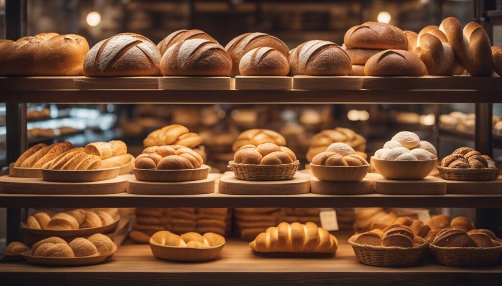 An assortment of freshly baked bread displayed on wooden shelves, including loaves, baguettes, and round bread in baskets under warm lighting.