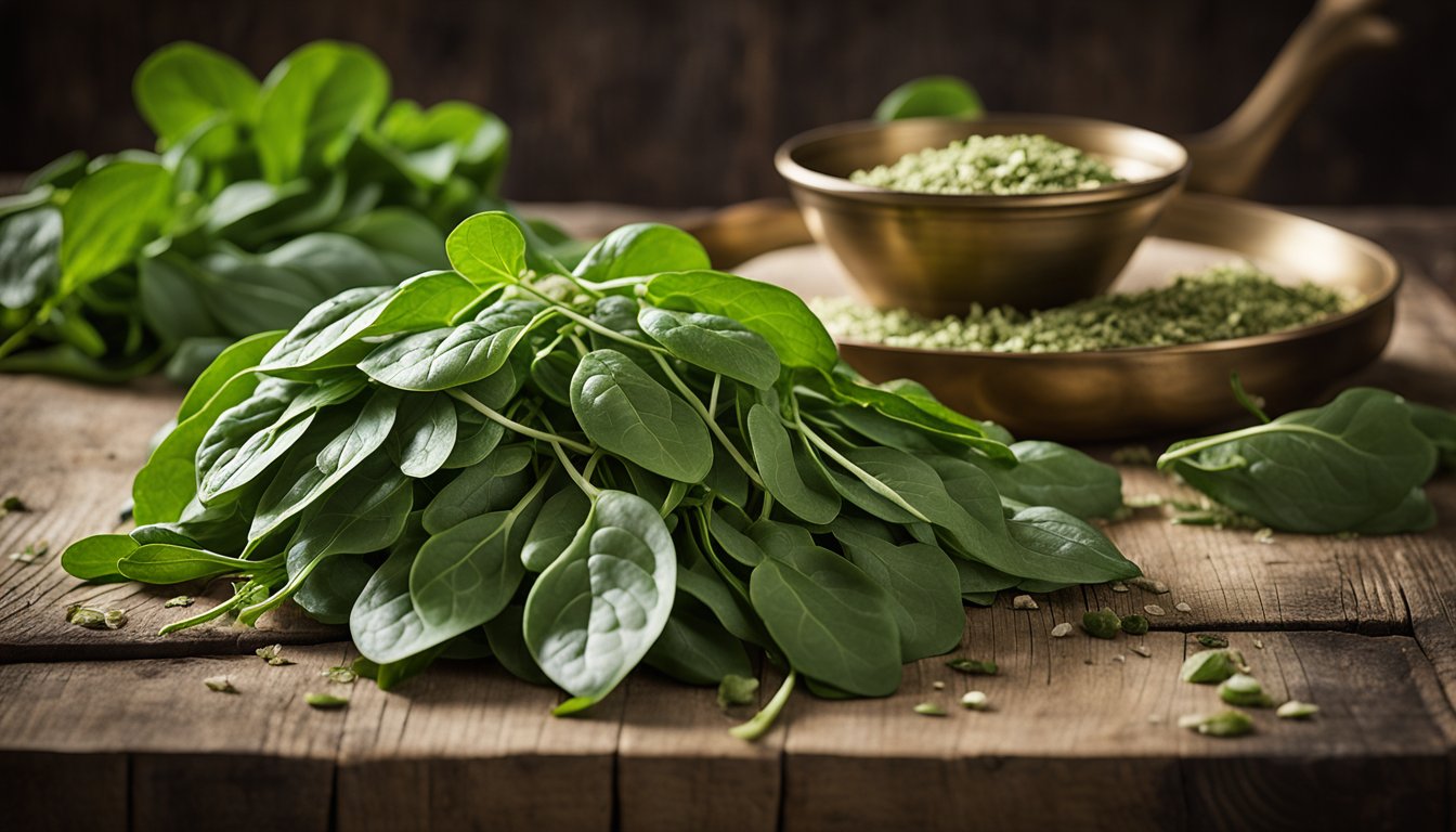 Fresh lamb's quarters leaves and ground wild spinach powder on a rustic wooden table.