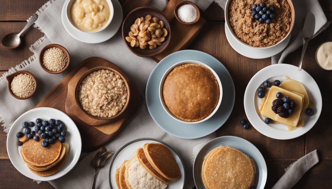 A variety of oatmeal-based dishes on a wooden table, including a bowl of creamy oatmeal, oat pancakes with blueberries and syrup, and oatmeal in a jar with fresh berries.