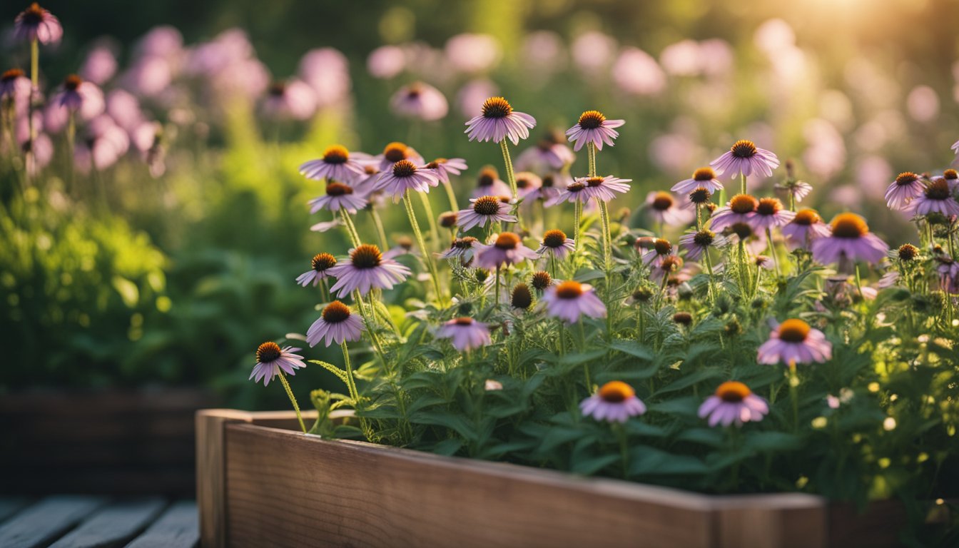 A wooden raised garden bed filled with blooming purple coneflowers (Echinacea) basking in the warm glow of sunlight, indicative of a medicinal herb garden.