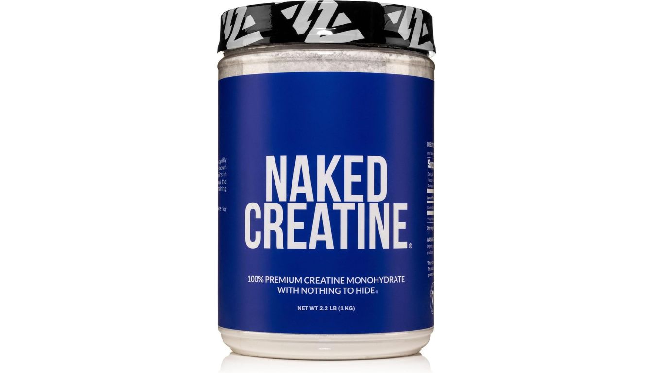 A container of Naked Creatine with a blue label and black and white patterned lid.