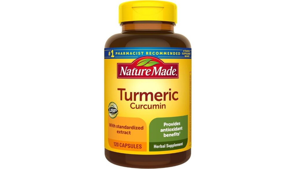 A bottle of Nature Made Turmeric Curcumin supplement with 120 capsules, labeled as providing antioxidant benefits and containing standardized extract.