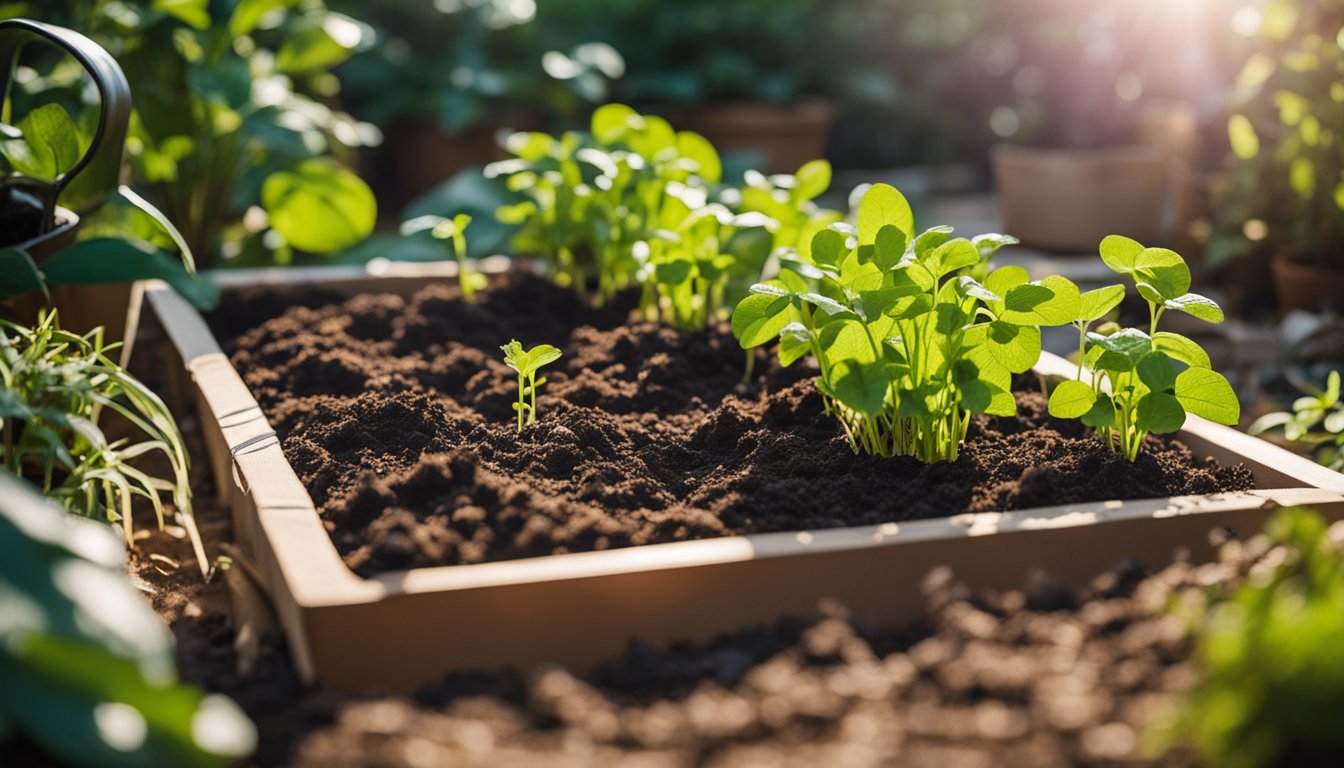 A raised garden bed filled with rich, dark soil and young green plants basking in sunlight.