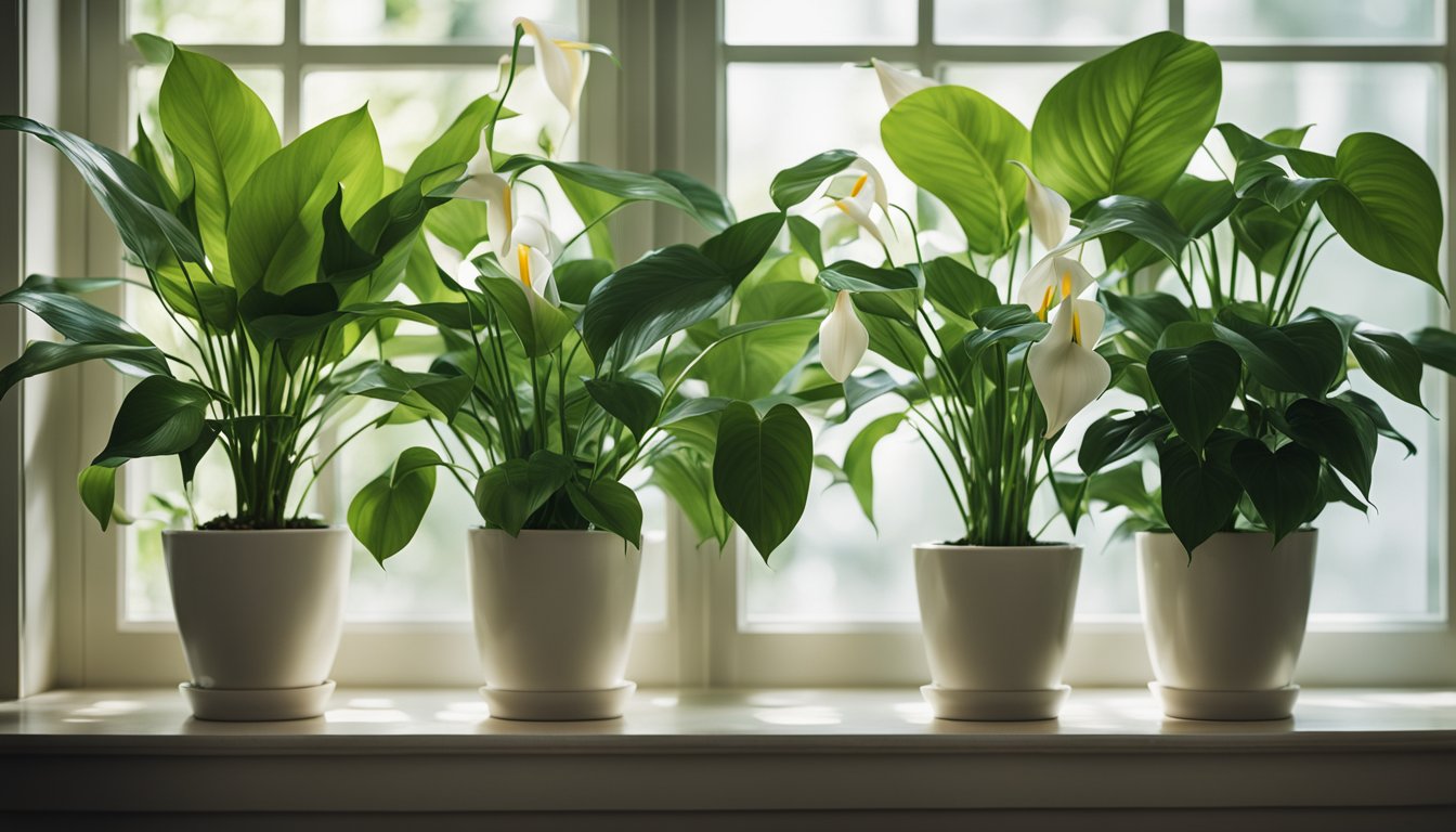 Three potted plants with lush green leaves and white blooms are positioned on a windowsill, bathed in soft light filtering through a north-facing window.