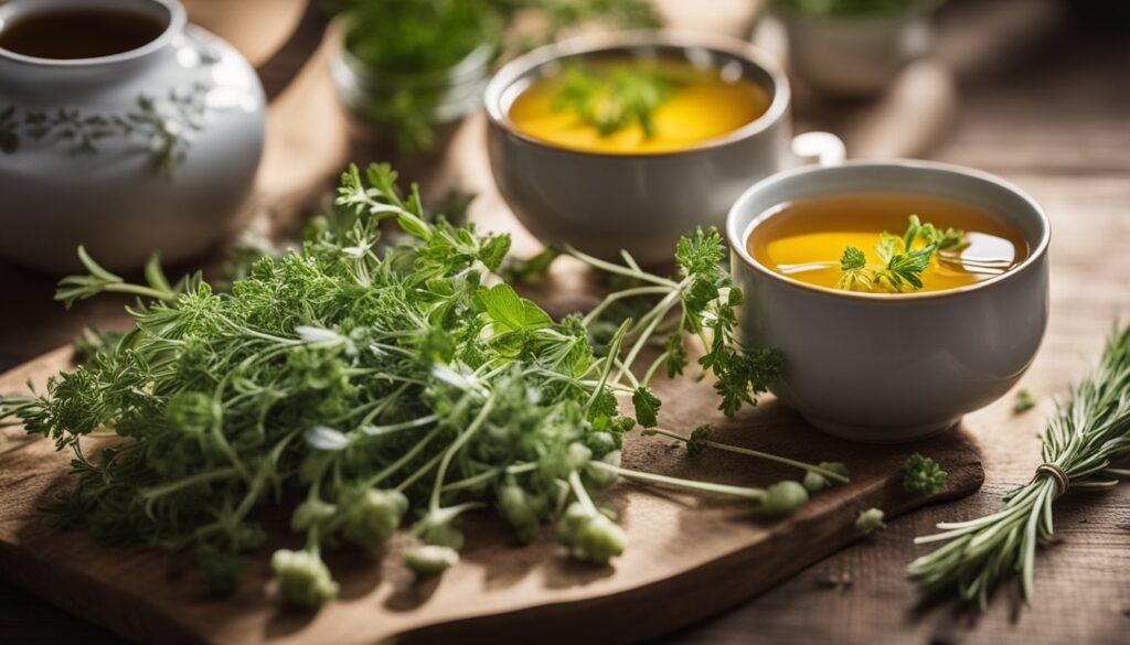 A wooden board with fresh green herbs and two cups of herbal tea garnished with herbs.