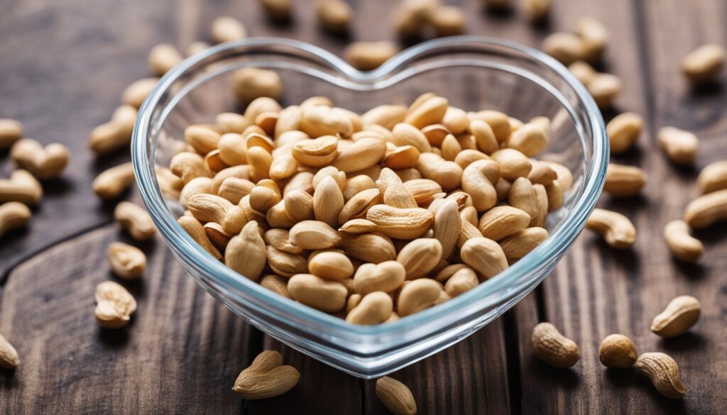 A heart-shaped glass bowl filled with shelled peanuts on a wooden surface, symbolizing the heart-healthy benefits of peanuts.