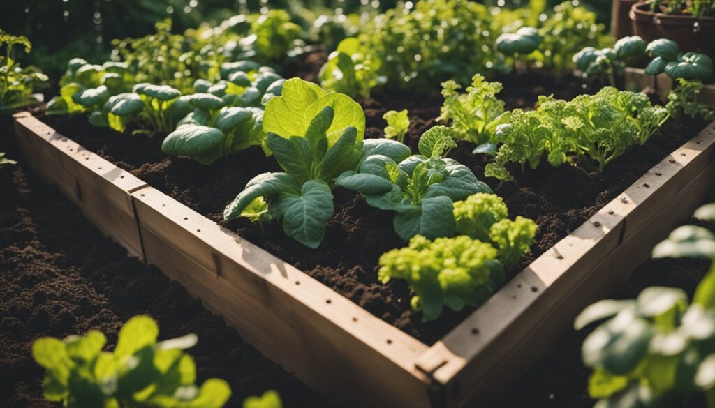 A well-maintained garden bed with a variety of leafy green vegetables and rich, dark soil.