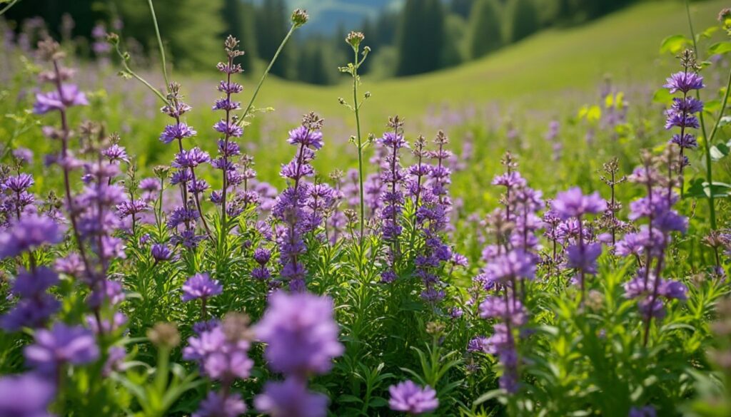 A field of Purple Dead Nettle (Lamium Purpureum) in full bloom, with vibrant purple flowers and green foliage, set against a backdrop of a lush, green meadow and distant trees.