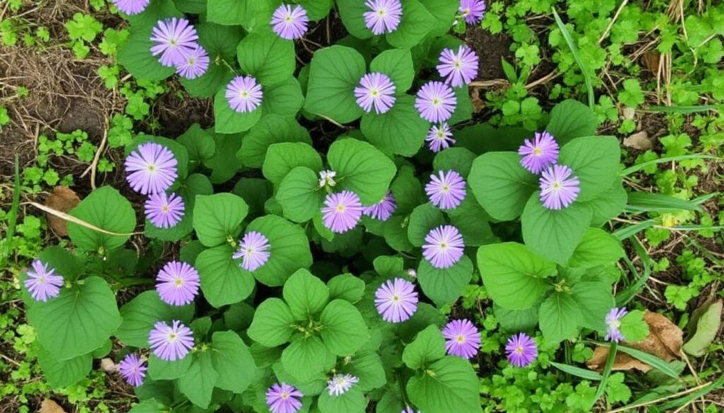 A cluster of Purple Dead Nettle (Lamium Purpureum) plants with vibrant green leaves and small, purple flowers. The flowers are arranged in a circular pattern, and the leaves are heart-shaped with a slightly serrated edge. The plants are growing in a natural setting with some surrounding greenery and patches of soil visible.