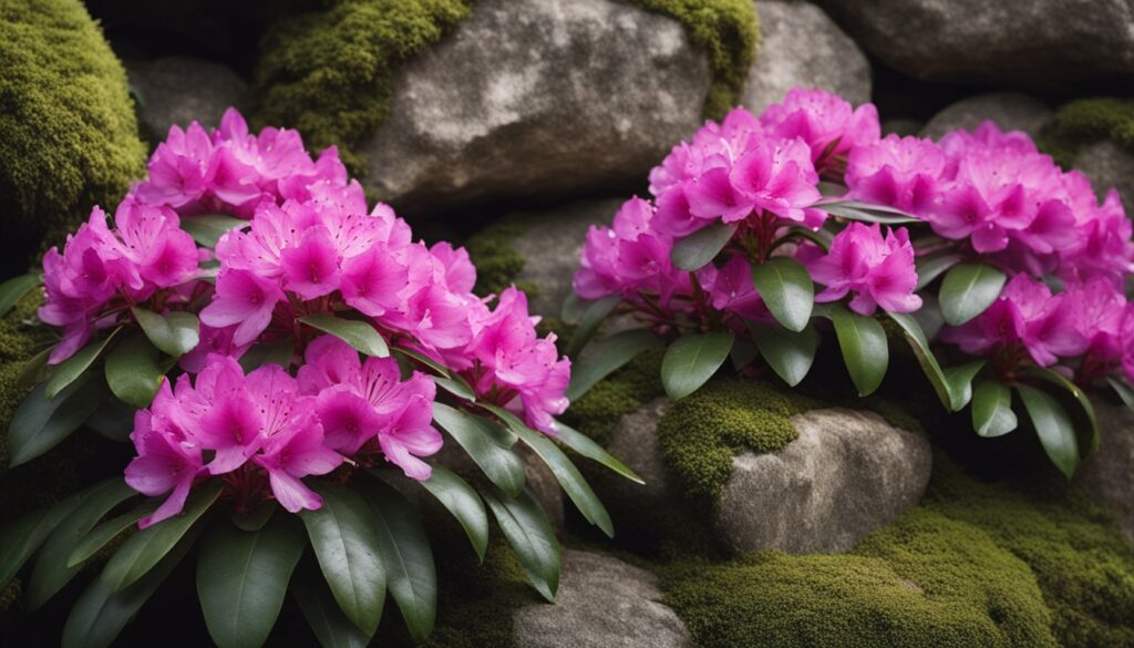 Two vibrant pink rhododendron bushes with lush green leaves growing among moss-covered rocks.