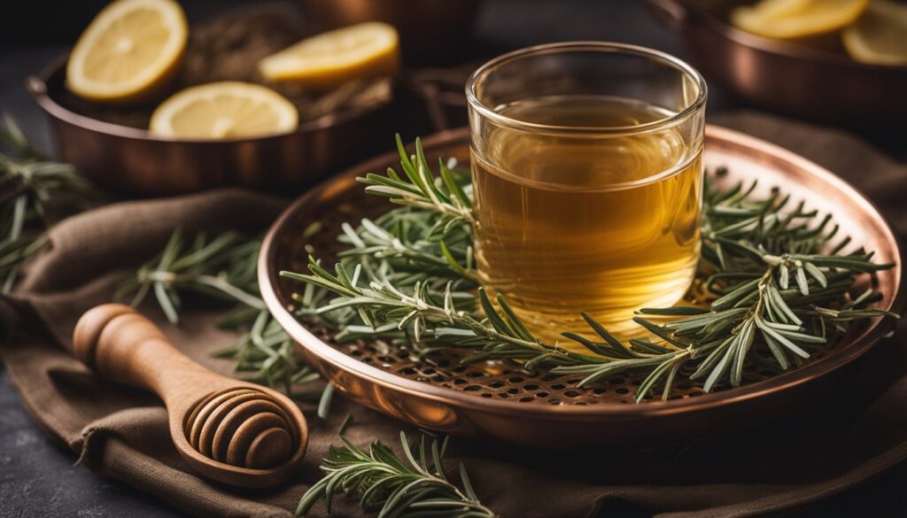 glass of rosemary tea on a copper tray surrounded by fresh rosemary sprigs, with lemon slices and a honey dipper nearby.