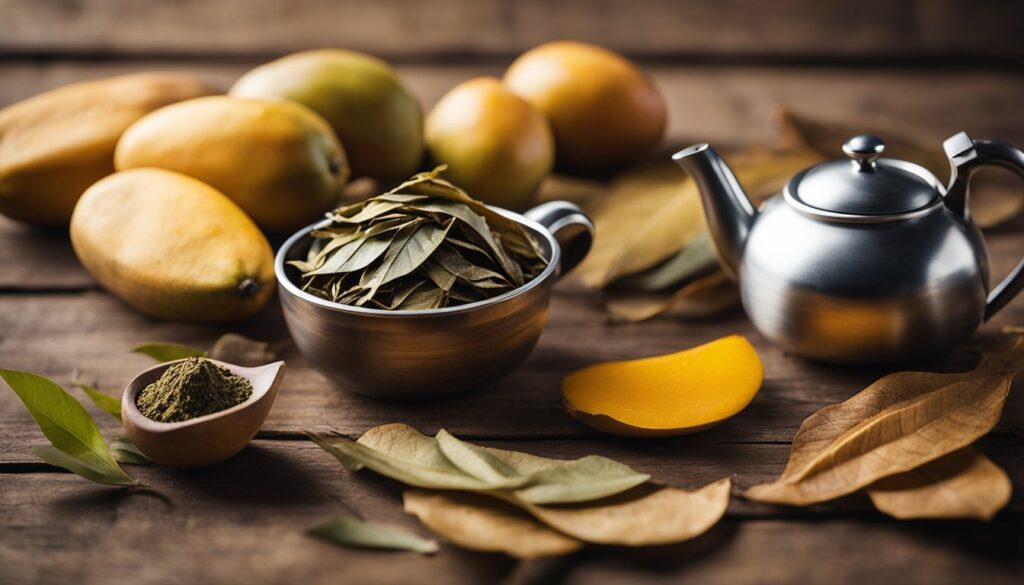 A collection of mangoes, dried mango leaves, and a metal teapot arranged on a wooden surface.