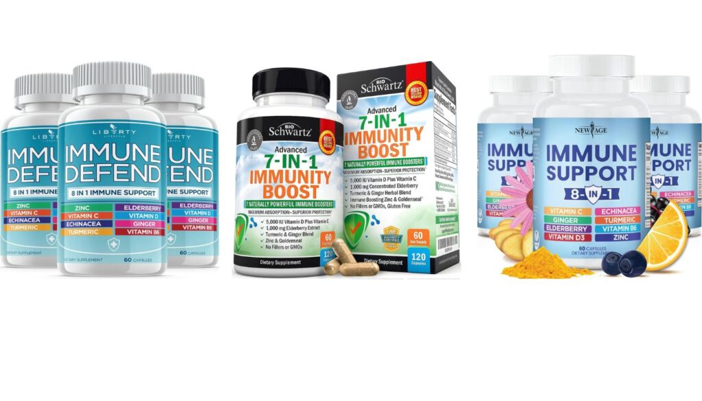 Three different brands of herbal supplements for boosting immunity, featuring Liberty Immune Defend, BioSchwartz Advanced 7-in-1 Immunity Boost, and New Age Immune Support 8-in-1.