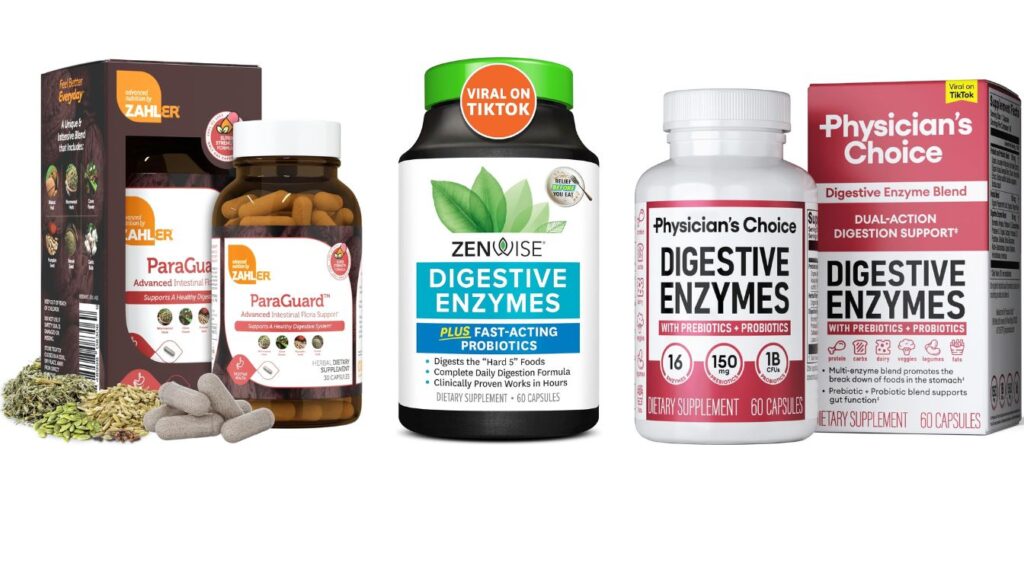 Three bottles of herbal supplements for digestive health, including Zahler ParaGuard, Zenwise Digestive Enzymes, and Physician's Choice Digestive Enzymes, arranged side by side.