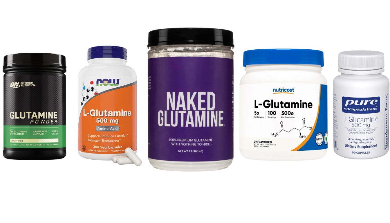 Five different brands of glutamine supplements in various packaging.