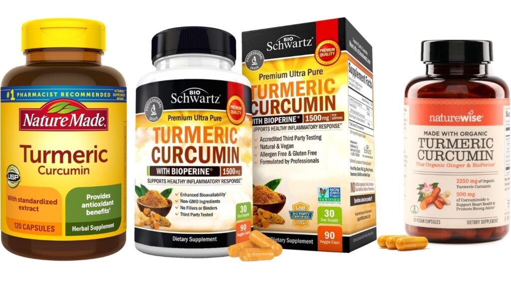 Three bottles of turmeric curcumin supplements from different brands: Nature Made, BioSchwartz, and NatureWise.