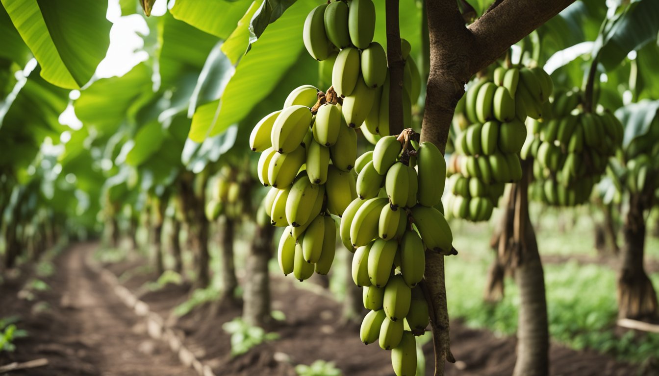 A banana plantation with numerous bunches of green bananas hanging from trees amidst large leaves.