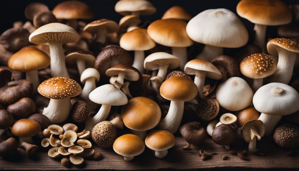 A diverse collection of mushrooms of various sizes, shapes, and colors displayed against a dark background.