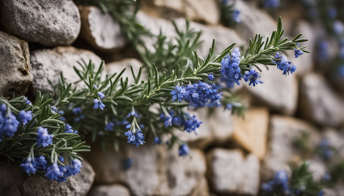 A close-up image of a Rosemary plant with vibrant blue flowers blooming, growing against a backdrop of natural stone.