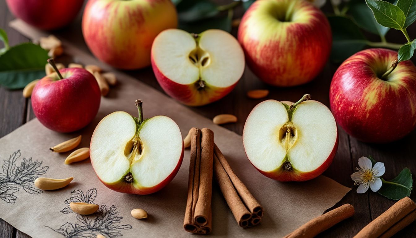 A variety of whole and halved apples on a wooden surface, showcasing the seeds at the center. Cinnamon sticks, apple blossoms, and loose seeds are also present, suggesting a theme of natural ingredients and health.