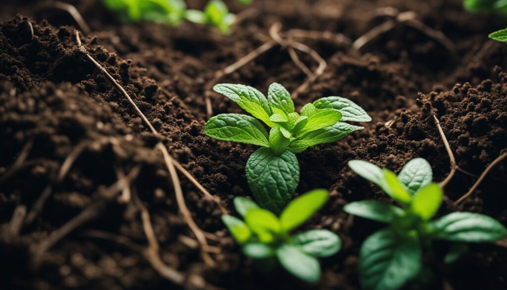 Close-up of young mint plants growing in rich, dark soil.