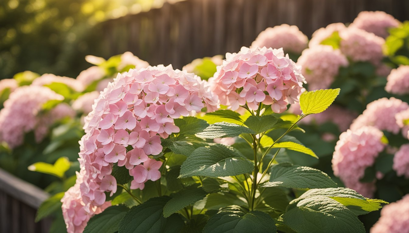 Close-up of Vanilla Strawberry Hydrangea flowers with light pink petals in a garden setting.