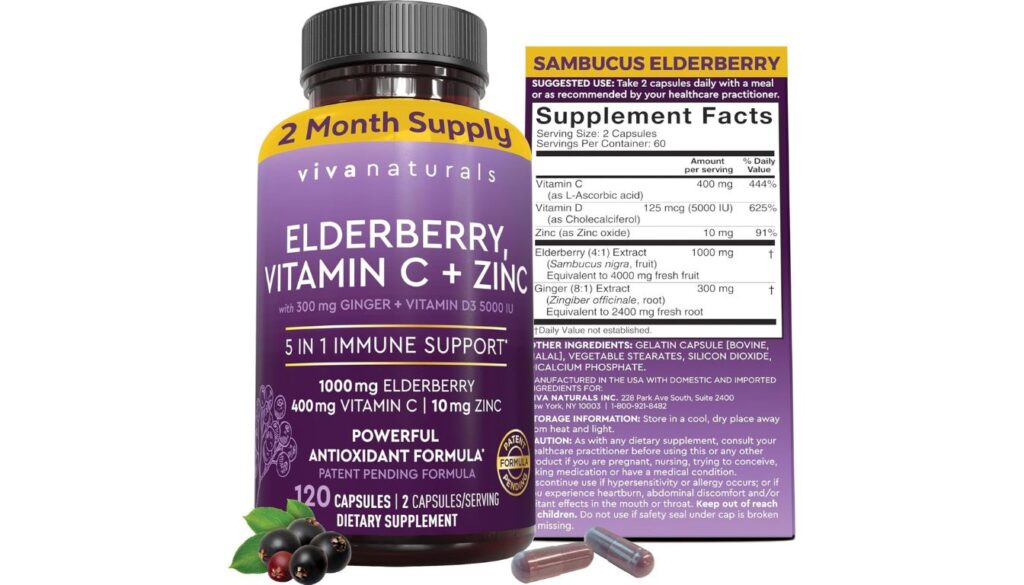 A bottle of Viva Naturals Elderberry, Vitamin C \u002B Zinc supplement with 300 mg Ginger and Vitamin D3 5000 IU, labeled as a 2-month supply. The bottle is purple with a yellow cap and contains 120 capsules. The supplement facts and suggested use are displayed next to the bottle.