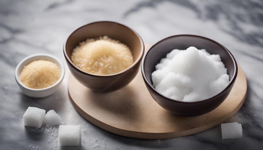 Close-up of a bowl filled with white castor sugar, showcasing its fine and powdery texture.