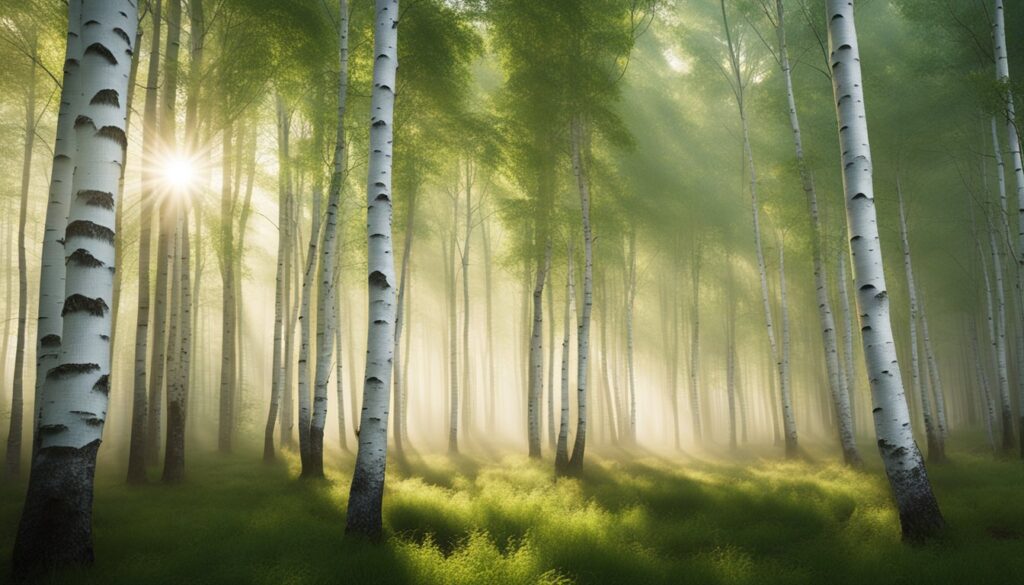 A serene forest scene with tall, slender white birch trees, their trunks marked with dark patches. Sunlight filters through the dense green foliage, casting a soft, ethereal glow on the lush green undergrowth.