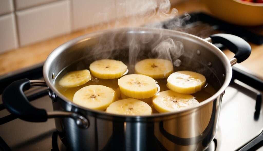 A stainless steel pot on a stove containing several slices of banana boiling in water, with steam rising from the pot.