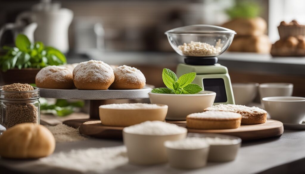 A kitchen counter with various baking ingredients and utensils, featuring bowls of white powder presumed to be stevia, a natural sweetener, alongside other baking essentials.