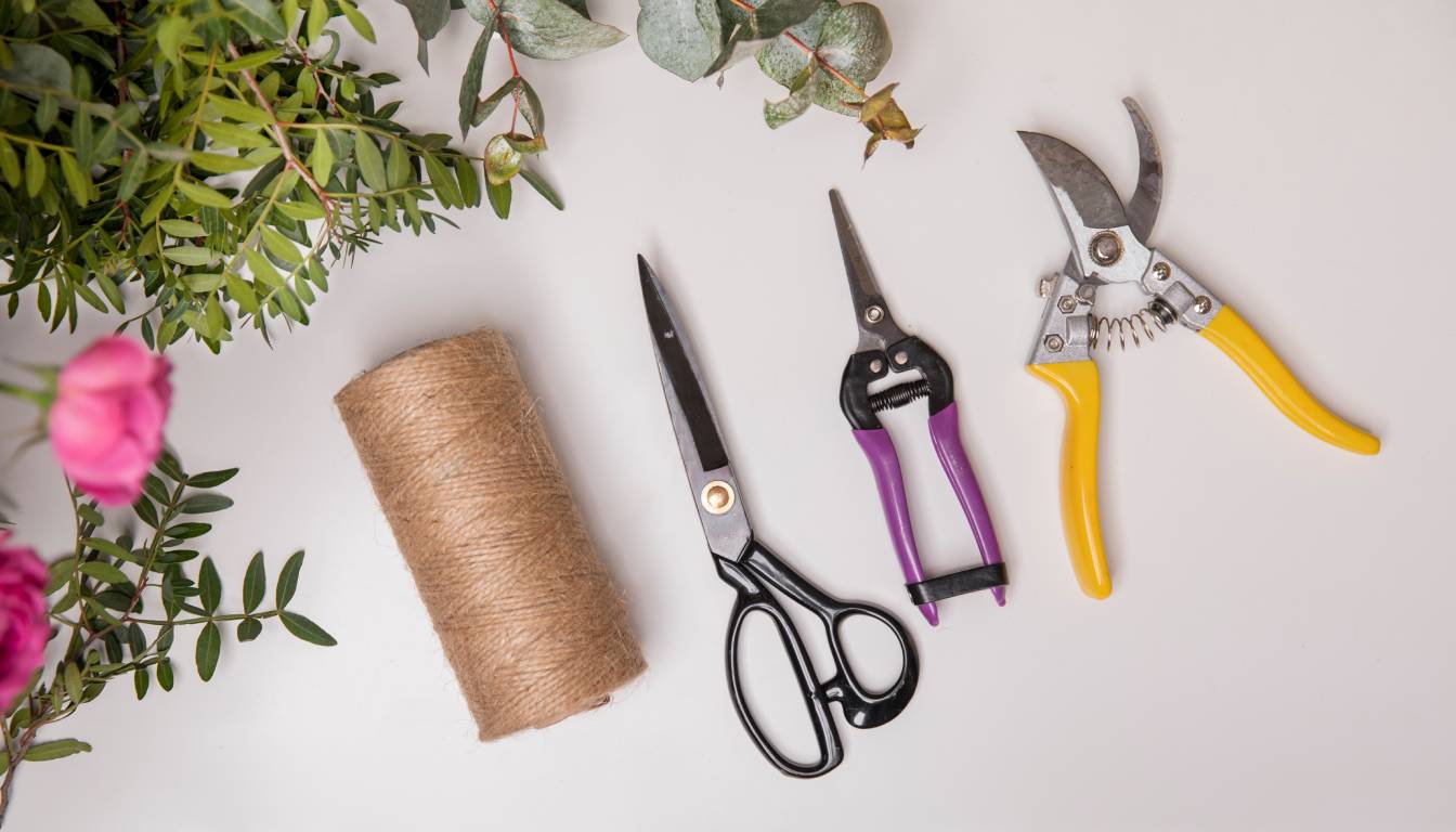 A set of herb scissors and gardening tools on a white surface, surrounded by green foliage and pink flowers.