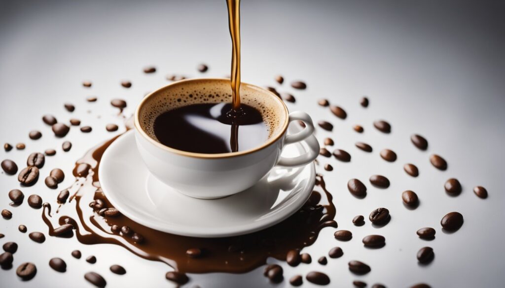 A stream of coffee being poured into a white cup on a saucer, surrounded by scattered coffee beans on a reflective surface. Which relates to enema with coffee.