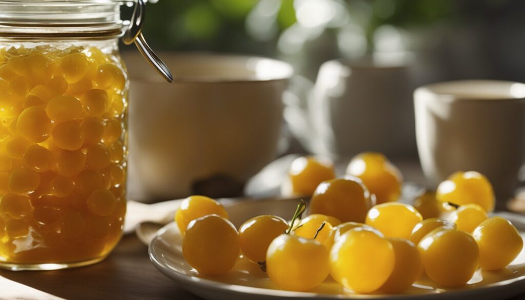 A jar of ground cherry jam with golden, translucent berries visible through the glass, placed next to a plate of fresh ground cherries in natural sunlight.